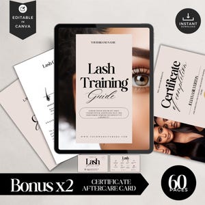 Pode incluir: Um guia digital de treinamento de cílios em um tablet, com o texto "Lash Training Guide". Inclui um certificado de conclusão, cartões de cuidados posteriores e materiais de bônus. O design é em tons neutros.