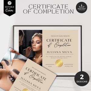 Certificado de conclusão de maquiagem modelo, certificado de cílios, beleza, certificado de conclusão diy, certificado canva, neutro, mínimo, CT-NB