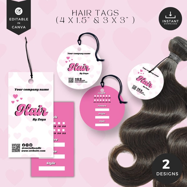 DIY Hair bundle tag template,hair extension business,hair hang tag,hair business packaging,circle swing tag,pink retro, HS-PN