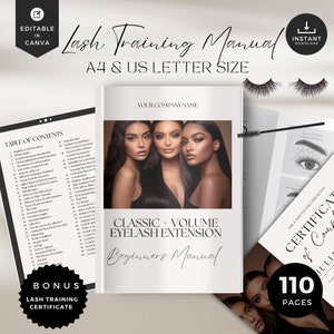 May include: A black and white digital download for a lash training manual. The cover features three women with long eyelashes and the text "Classic + Volume Eyelash Extension Beginners Manual". The manual is 110 pages long and includes a bonus lash training certificate.