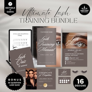 Peut inclure: Une trousse de marketing numérique pour les techniciennes en extensions de cils. La trousse comprend un manuel de formation aux extensions de cils, un quiz sur les extensions de cils, un certificat de réussite et un dépliant sur la maîtrise des extensions de cils. La trousse est disponible en téléchargement instantané et est modifiable dans Canva. La trousse comprend 16 designs.