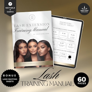 May include: A white and gold training manual for lash extensions. The cover features three women with long eyelashes and the title "Lash Extension Training Manual". The manual includes a cheat sheet with different lash diameters and a bonus lash mapping sheet.