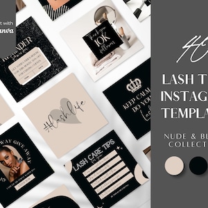 May include: A set of 40 Instagram templates for lash technicians. The templates are in nude and black colors and feature various designs, including a crown, a heart, and text that says "Keep Calm Do You Lashes".