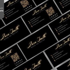 Modelo de cartões de visita de luxo personalizado, cartões de visita mínimos pretos dourados com código QR, cartão DIY para cabeleireiro, maquiador, cílios, unhas