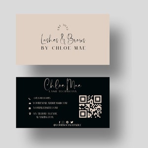 May include: A black and beige business card for a lash technician named Chloe Mae. The card features the text "Lashes & Brows by Chloe Mae" and "Chloe Mae Lash Technician". The card also includes contact information, a website address, and a QR code.
