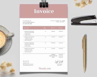 DIY Digital Editable Minimalistic Pink Invoice Canva Template, A4, Lettersize