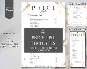 White & Gold Price List Template: Editable Canva Design (Digital Download)