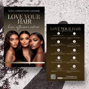 May include: A brown and gold poster with the text "Love Your Hair" and a picture of three women with dark hair. The poster also includes a list of hair care tips.