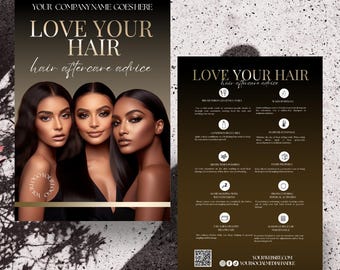 Hair Extension Aftercare Card Template: Black & Gold Hair Weave Guide (Editable Canva, Printable)