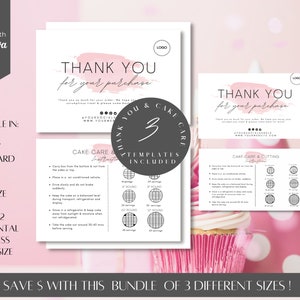 May include: A pink and white thank you card with the text "Thank You for your purchase" and a pink watercolor background. The card is available in three sizes: 4x6 inch postcard, A6, and 3.5x2 inch horizontal business card. The card also includes cake care and cutting instructions.