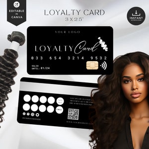 loyalty card hair extensions,hair,wig,braids, stamp template,beauty salon,credit card style,braids,nail,black silver.loyalty punch, WB-BW