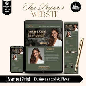 Puede incluir: Una maqueta digital del dise&ntilde;o de un sitio web de preparador de impuestos, que se muestra en una tableta, un tel&eacute;fono inteligente y un dise&ntilde;o vertical. El sitio web presenta una foto de una mujer, con el texto "Sus impuestos. Bien hechos. Siempre." Un bol&iacute;grafo dorado descansa a un lado.