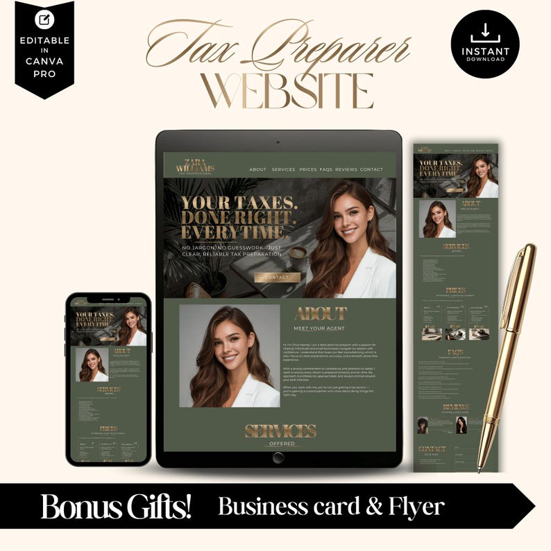 Puede incluir: Una maqueta digital del dise&ntilde;o de un sitio web de preparador de impuestos, que se muestra en una tableta, un tel&eacute;fono inteligente y un dise&ntilde;o vertical. El sitio web presenta una foto de una mujer, con el texto "Sus impuestos. Bien hechos. Siempre." Un bol&iacute;grafo dorado descansa a un lado.