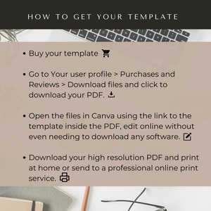 Puede incluir: Un fondo beige con texto negro que explica c&oacute;mo descargar una plantilla. El texto incluye las palabras "Comprar tu plantilla", "Descargar archivos", "Abrir los archivos en Canva" y "Descargar tu PDF de alta resoluci&oacute;n".