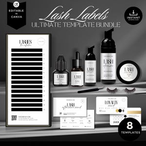 May include: A set of lash extension supplies and templates. Includes lash adhesive, cleanser, remover, aftercare cards, loyalty cards, and a lash map. The text reads "Lash Labels Ultimate Template Bundle" and "Editable in Canva".