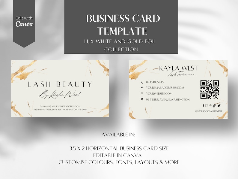 White and Gold Beauty Business Card Template: Lash Card (Canva Editable) image 1