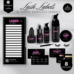 Könnte beinhalten: Ein schwarzes und pinkfarbenes Wimpernlabel-Vorlagenpaket mit verschiedenen Produkten, darunter Flaschen, ein Tablett, Karten und falsche Wimpern. Der Text enthält "Lash Labels" und "Ultimate Template Bundle".