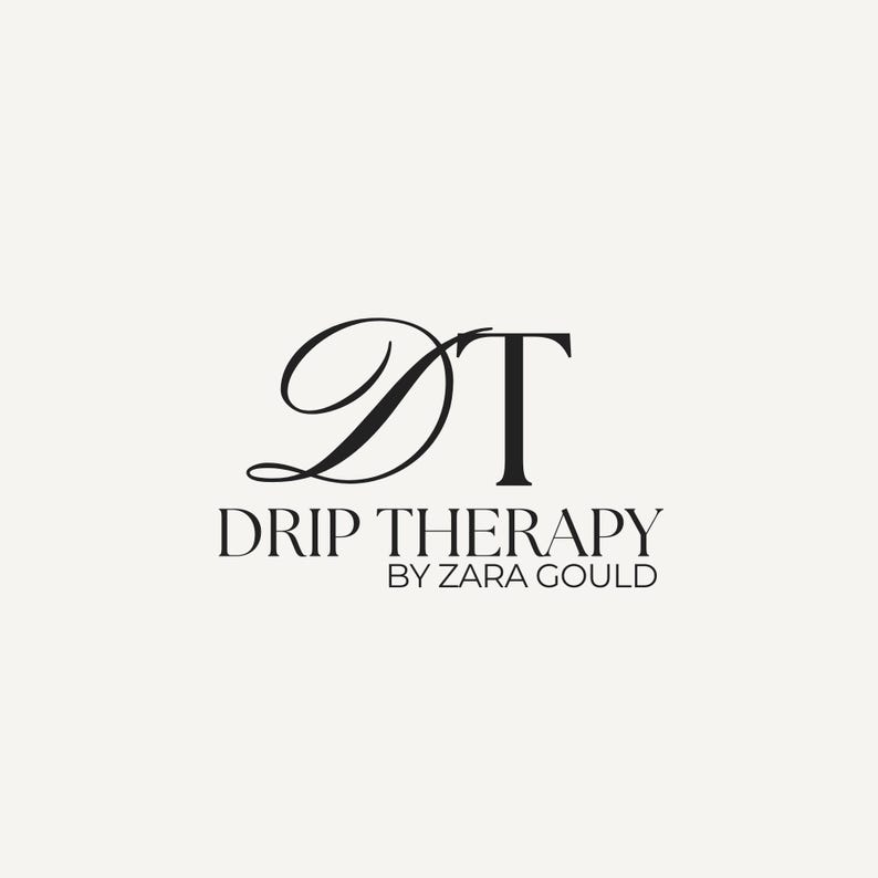 May include: Black and white logo for Drip Therapy by Zara Gould. The logo features a stylized "DT" with a decorative flourish.