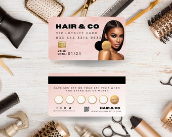 May include: A pink and black Hair & Co VIP loyalty card featuring a portrait of a person, a gold chip, and the text Valid Until 01/24. The reverse side includes five circular spaces for tracking visits and text stating Save 50% off on your 6th visit when you spend $25 or more.