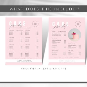 May include: Pink and white cake price list with a pink background. The price list includes cakes, cupcakes, dessert cups, and cake pops. The price list also includes a picture of a pink cake with white frosting and flowers.