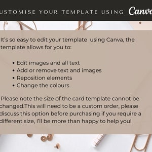 May include: A beige text box with black text explaining how to customize a template using Canva. The text box is on a white background with gold paper clips and push pins.