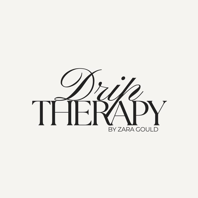 May include: Black and white logo for Drip Therapy by Zara Gould. The logo features the words "Drip Therapy" in a stylized font with the word "Drip" in a cursive script.