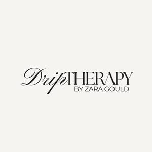 May include: Black and white logo for Drip Therapy by Zara Gould. The logo features a stylized script font for "Drip" and a bold sans-serif font for "Therapy".