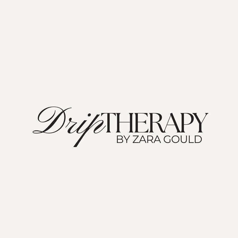 May include: Black and white logo for Drip Therapy by Zara Gould. The logo features a stylized script font for "Drip" and a bold sans-serif font for "Therapy".