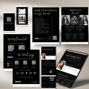 May include: Black and white marketing materials for a hair salon. The materials include a price list for hair extensions and wigs, a services price list, a QR code for online payments, and a sign that says "Stay Connected".