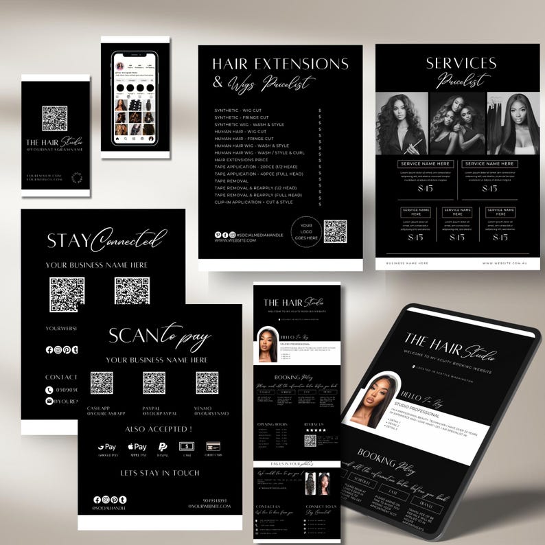May include: Black and white marketing materials for a hair salon. The materials include a price list for hair extensions and wigs, a services price list, a QR code for online payments, and a sign that says "Stay Connected".