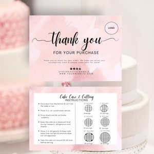May include: A pink thank you card with a watercolour background. The card reads "Thank you for your purchase" and includes a logo, social media handle, and website address. The reverse of the card has instructions for cake care and cutting, including a chart showing how many servings a cake of different sizes will yield.