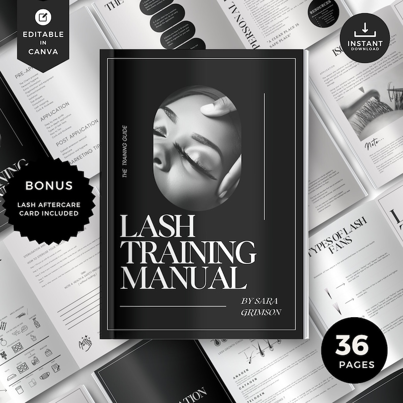 Lash extension training template, lash Extension Training Manual, lash training template,lash training book editable, lash aftercare, LTM-BW image 1