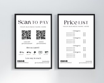 Scan to Pay & Price List Sign Template: Minimalist QR Code (Digital Download)