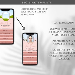 May include: A pink and white mobile phone mockup with a bio link template. The template includes a photo placeholder, social media handle, website address, and buttons for booking, discounts, and contact information. The text "Your Name" and "@YOURHANDLE" are displayed on the screen.