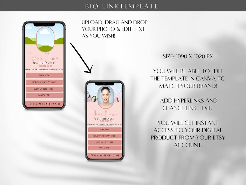 May include: A pink and white mobile phone mockup with a bio link template. The template includes a photo placeholder, social media handle, website address, and buttons for booking, discounts, and contact information. The text "Your Name" and "@YOURHANDLE" are displayed on the screen.