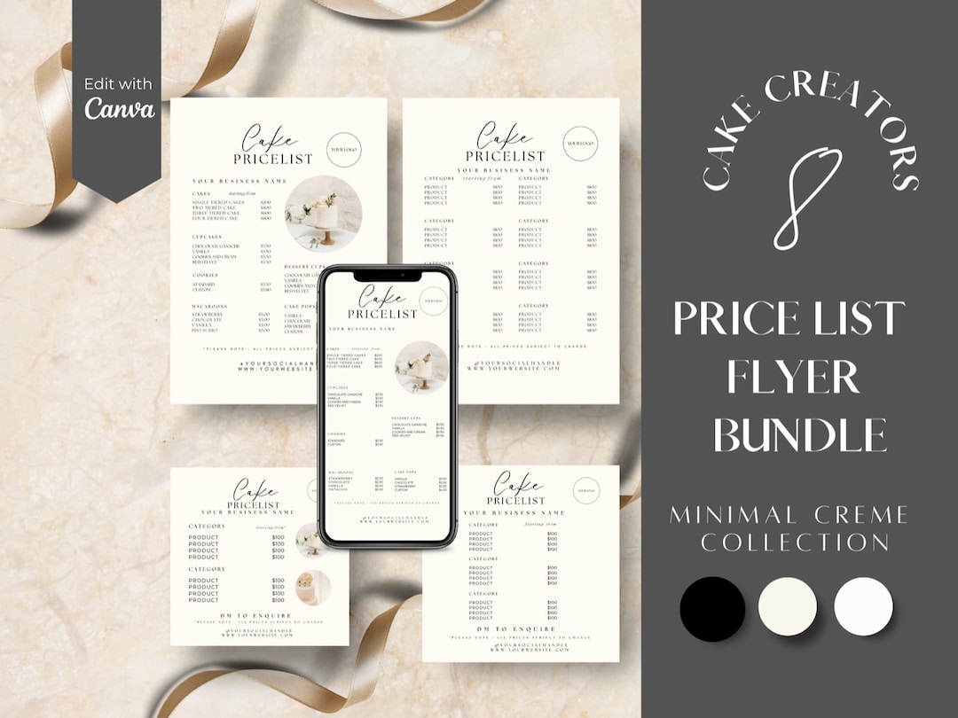 Cake Price List, Minimal Price List, Bakery Menu Template, Bakery Price