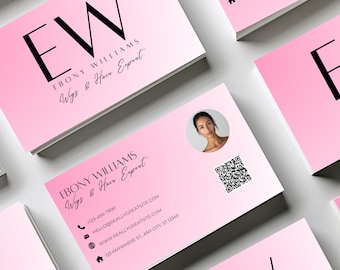 Tarjeta de presentación de peluca rosa con código QR (plantilla de Canva)