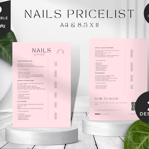 Könnte beinhalten: Eine rosa und weiße druckbare Preisliste für Nageldienste. Die Preisliste umfasst Dienstleistungen wie Maniküre, Pediküre, Dip-Pulver, Gel-Pulver, Acryl-Flüssigkeit und -Pulver sowie Wartung. Die Preisliste enthält auch einen QR-Code für die Buchung von Terminen.