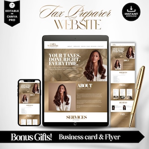 May include: A digital mockup of a tax preparer website design, displayed on a tablet, smartphone, and a printed page. The design features a woman with long brown hair and gold accents. A gold pen rests on the side.