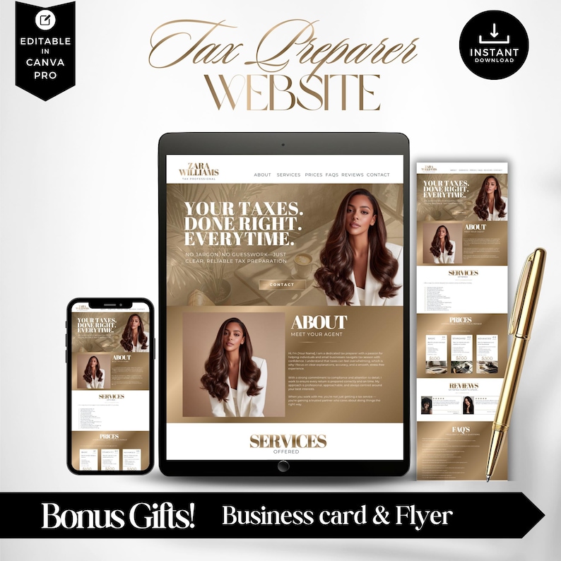 May include: A digital mockup of a tax preparer website design, displayed on a tablet, smartphone, and a printed page. The design features a woman with long brown hair and gold accents. A gold pen rests on the side.