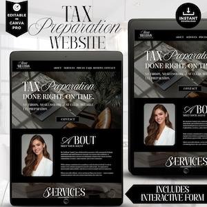 May include: A digital mockup of a tax preparation website on two black tablets. The website displays the text "Tax Preparation Done Right, On Time" and includes sections for services, pricing, and contact information. The design is elegant with a black and white colour scheme.
