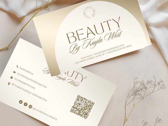 Gold Luxury Beauty Business Card with QR Code (Canva Template)