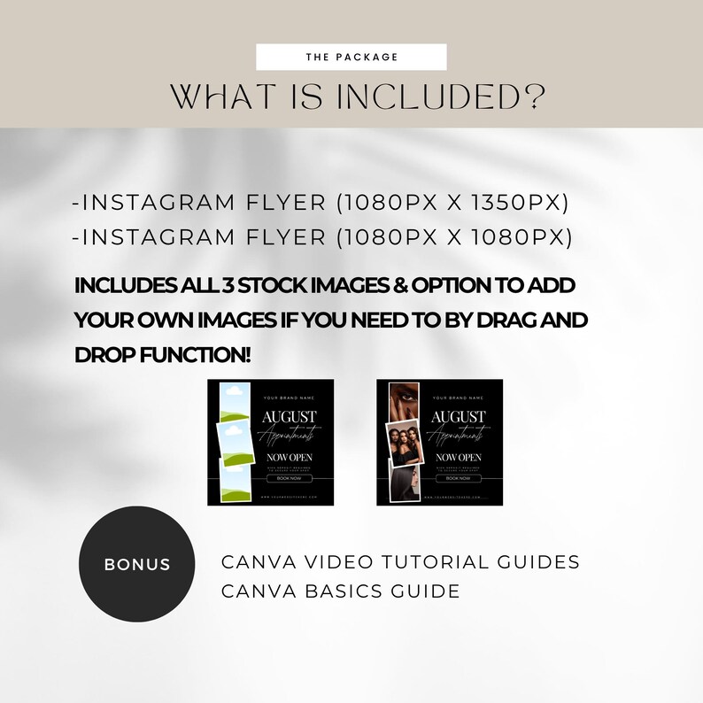 K&ouml;nnte beinhalten: Eine Grafik f&uuml;r ein digitales Marketingpaket mit dem Text "WHAT IS INCLUDED?" und Details zu Instagram-Flyern, Stockbildern und Canva-Anleitungen. Die Grafik enth&auml;lt zwei Flyerbeispiele und einen "BONUS"-Kreis.