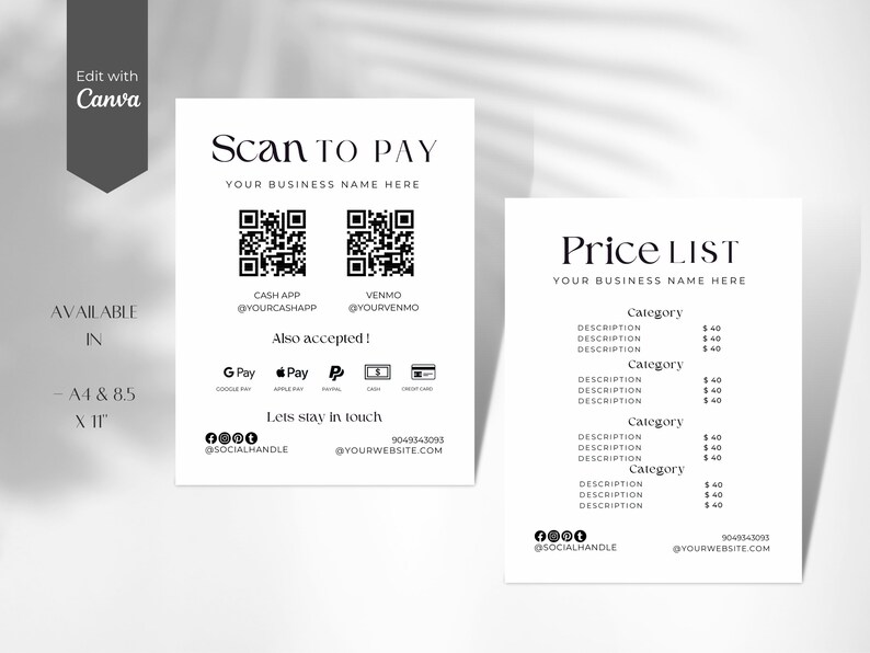 Scan to Pay Sign & Price List Template QR Code Sign Etsy