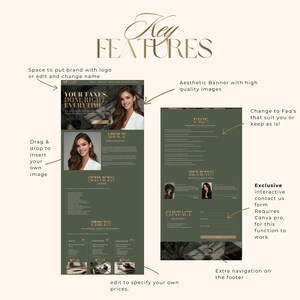 Puede incluir: Una plantilla de sitio web en verde y dorado, con secciones para servicios, precios, preguntas frecuentes e informaci&oacute;n de contacto. El texto en la plantilla dice "YOUR TAXES. DONE RIGHT. EVERYTIME."