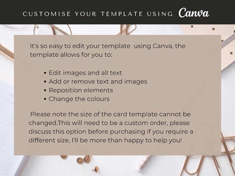 Puede incluir: Un cuadro de texto beige con texto negro que explica c&oacute;mo personalizar una plantilla usando Canva. El cuadro de texto est&aacute; sobre un fondo blanco con clips de papel y chinchetas doradas.