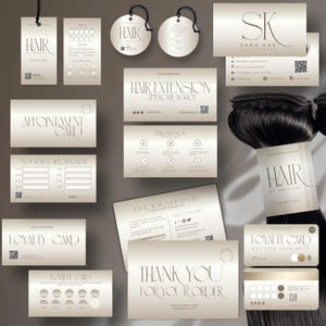 May include: A collection of beige and white business cards, tags, and appointment cards for a hair salon. The cards feature the text "HAIR" and "SARA KAE HAIR EXPERT" in elegant typography. Some cards include QR codes and a loyalty card design.