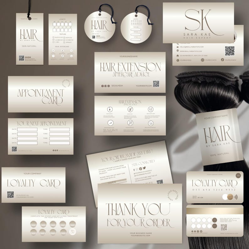 May include: A collection of beige and white business cards, tags, and appointment cards for a hair salon. The cards feature the text "HAIR" and "SARA KAE HAIR EXPERT" in elegant typography. Some cards include QR codes and a loyalty card design.