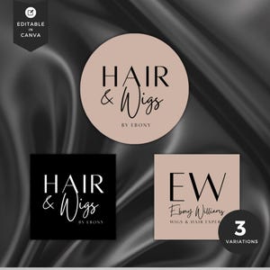 ヘアスタイリストのロゴ、DIY ロゴ デザイン、ロゴ テンプレート、ブティック ビューティー ヘア エクステンション、ネイル、ウィッグ、ブレイダー、ラッシュ、メイクアップ、Canva テンプレート、ブラック ヌード、WB-NBW