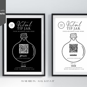 May include: Two black framed posters with white backgrounds. The posters are for a virtual tip jar. The posters feature a black and white illustration of a bottle with a QR code on it. The posters include the text "Virtual Tip Jar", "Your Business Name Here", "PayPal", "Venmo", "Your Username", "Thanks", "Your Social Handle", and "www.YourWebsite.com".